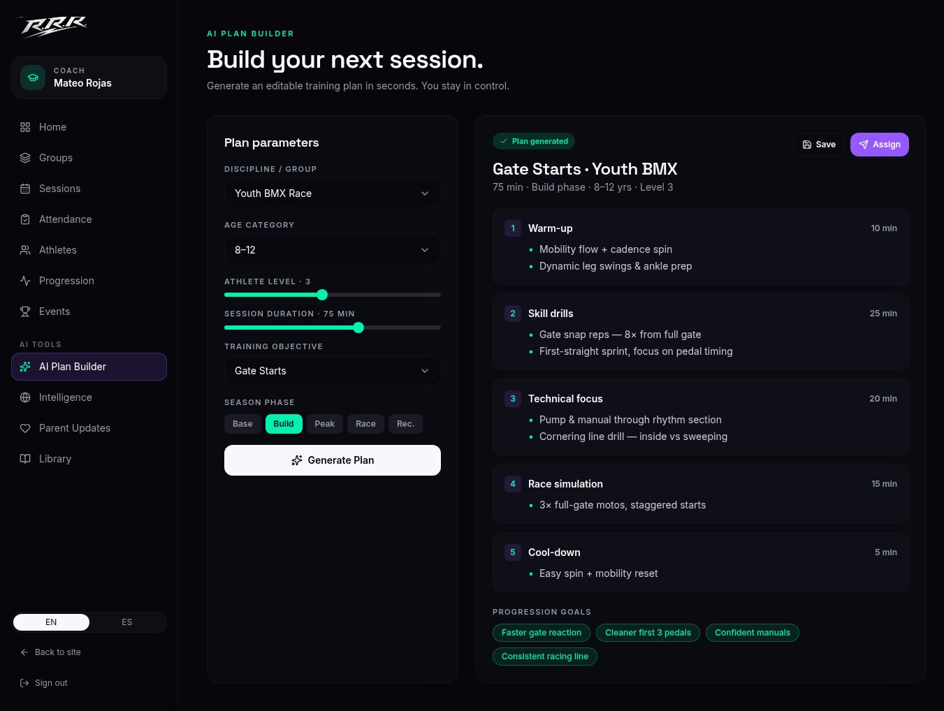 Sample AI training plan builder generating a BMX session